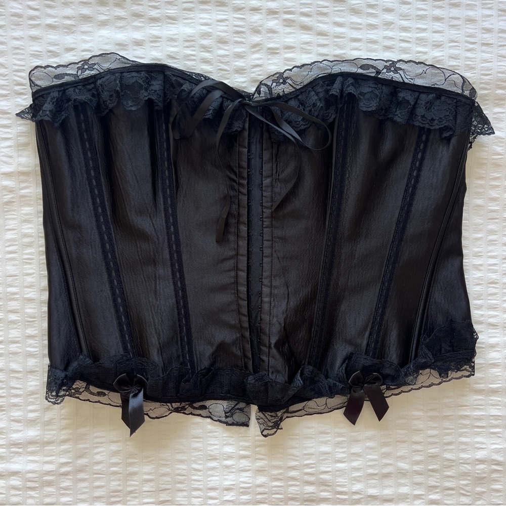Bonitaz Black Satin Lace Up Corset with Lace Trim, 5XL-6XL